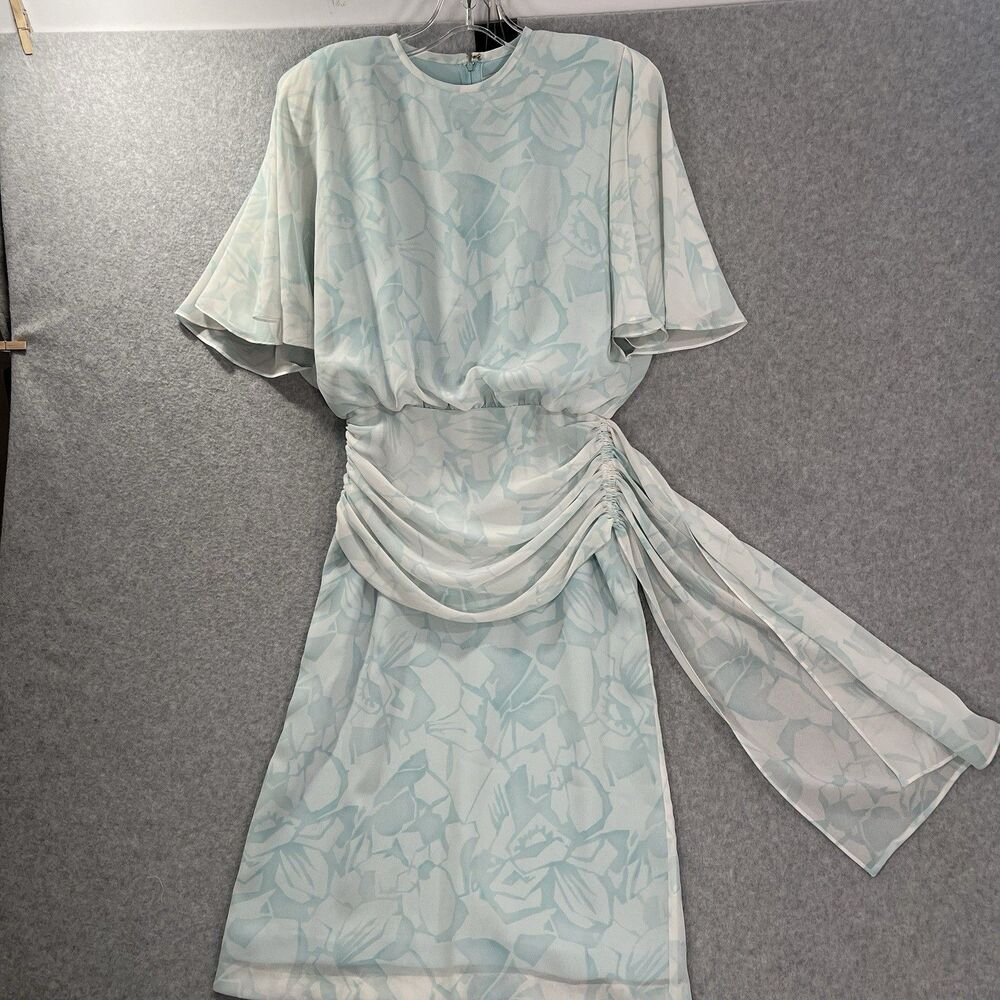Vtg Ricki Lang for Nuit I Magnin Dress size 6* Draped chiffon floral aqua 80s